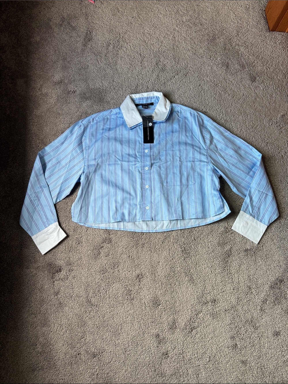 French Connection Blue Striped Contrast Collar Cropped Button Down Shirt SIZE XS